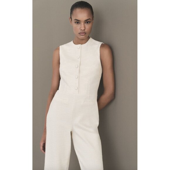 MANGO Sleeveless Tweed Jumpsuit in Cream Size Small - Picture 2 of 9